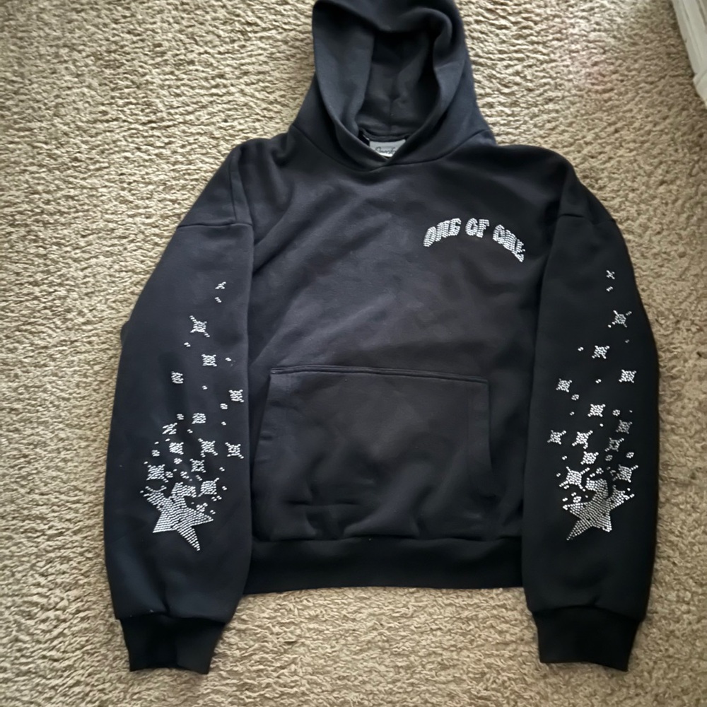Black Graphic Hoodie With Rhinestone Design